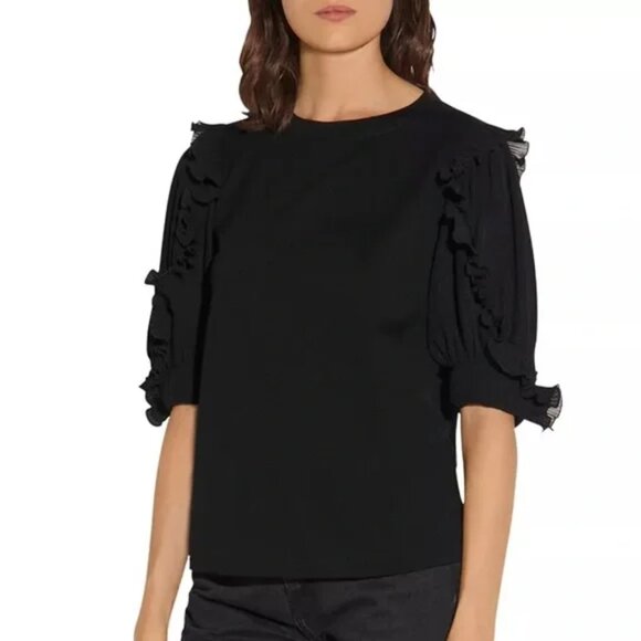 Sandro Paris Jasyn Ruffled Puff Sleeve Tee 100% Cotton - Black Size 2/Medium - Picture 1 of 6